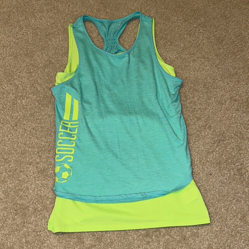 SO girls blue and lime green soccer racerback tank top